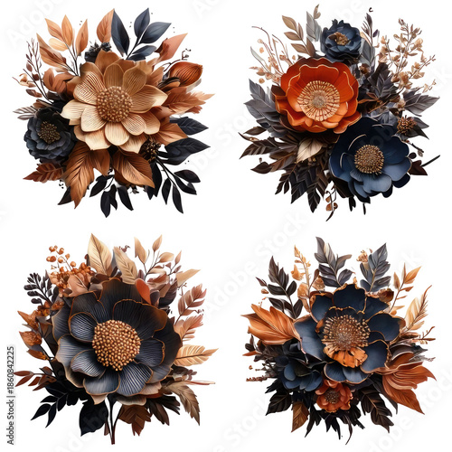Four stylized floral arrangements in autumnal hues