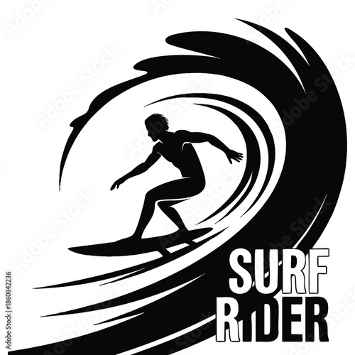 Surfer silhouette creative poster on grunge background with hand lettering quote suitable for t shirts bags greeting cards invitations or coastal themed artwork