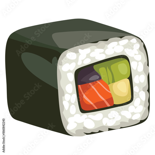 Sushi roll with nori rice and salmon vector illustration in colorful cartoon style perfect for traditional Japanese cuisine themed designs and menus