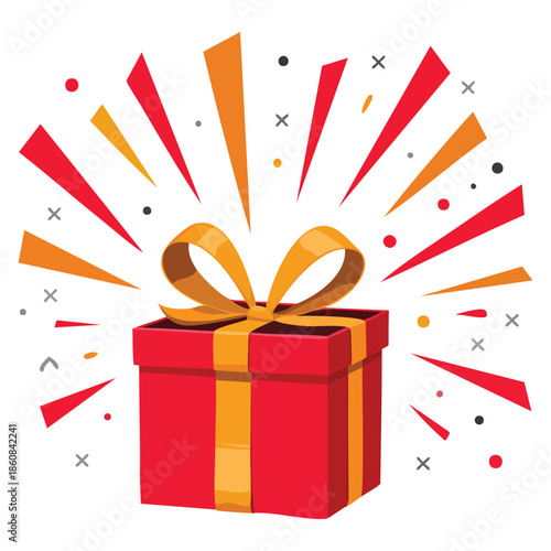 Surprise red gift box birthday celebration special give away package loyalty program reward wonder gift with exclamation mark vector icon flat illustration festive artwork
