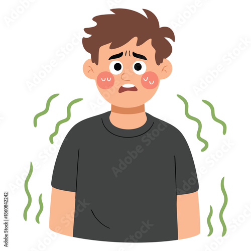 Sweating young man feeling bad smell coming from his body vector illustration ideal for personal hygiene problem awareness cartoon educational designs