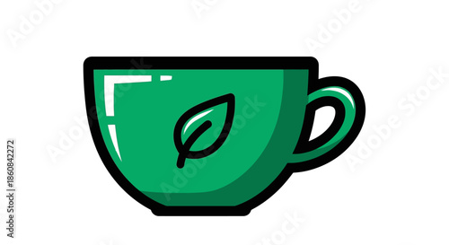 Green Tea Cup Illustration with Leaf Design for Herbal Beverage.