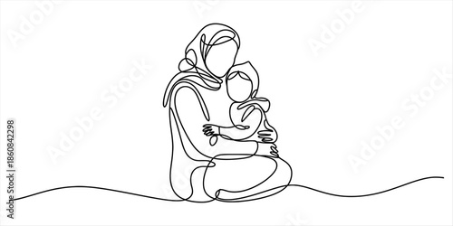 A single continuous line drawing of a mother embracing her child with care and affection Vector, illustration
