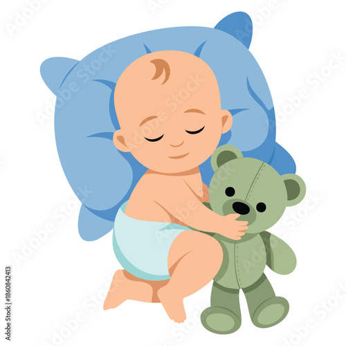 Sweet little baby sleeping in bed hugging teddy bear colorful cartoon vector illustration perfect for nursery decoration kids bedtime story or baby theme