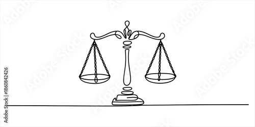 Simple continuous line drawing of scales of justice on a white background Vector, illustration