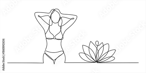 Continuous line art illustrating a confident woman in a bikini next to a lotus flower Vector, illustration