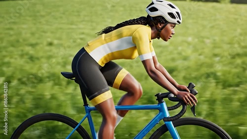 Young woman in yellow cycling jersey and white helmet rides a blue bicycle through a green field
