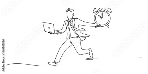 Businessman running with laptop and alarm clock representing time pressure Vector, illustration