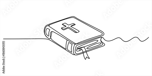Single continuous line art drawing illustrating a holy bible with a christian cross symbol Vector, illustration