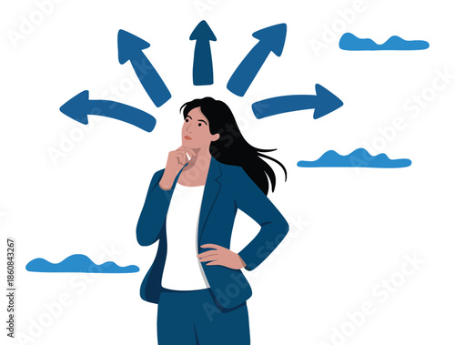 Tough decisions choosing career path businesswoman thinking about choices directions challenge confusion and final result illustrated in business concept vector style
