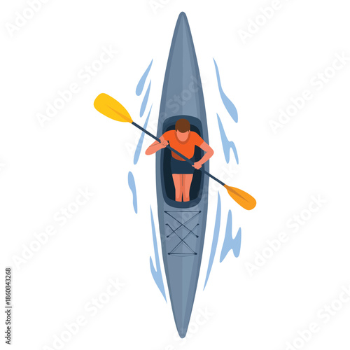 Top view blue kayak vector illustration with one man and paddle perfect for water sports series outdoor activity and flat style recreational themed designs