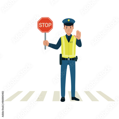 Traffic control policeman showing stop road sign with other hand vector illustration isolated cartoon character ideal for public safety and traffic management