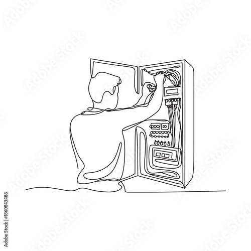 Continuous line drawing of an electrician working on an electrical panel