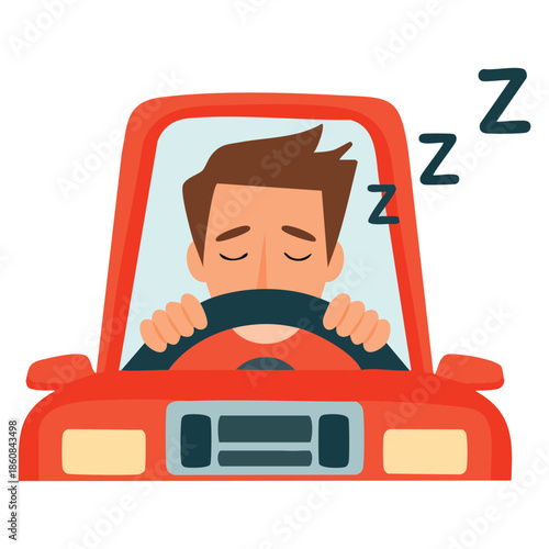Traffic code sleeping behind the wheel flat isolated vector illustration cute childish style perfect for road safety, driving, and education themes