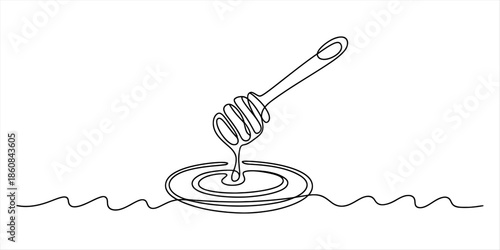 Honey dipper with dripping honey on a plate in a minimalist line art style Vector, illustration