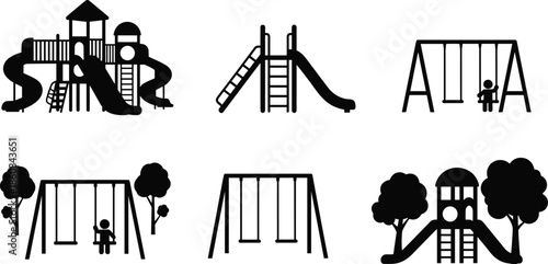 playground, equipment, silhouette, slide, swing, ladder, child, tree, park, structure, black, white, outdoor, recreation, fun, icon, vector, design, layout, activity, clipart
