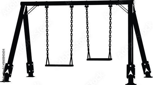 Playground swing set silhouette with two suspended swings, sturdy frame design representing outdoor recreation and childhood activity concept.