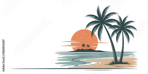 Tropical island paradise with palm trees and a vibrant sunset over the ocean Vector, illustration