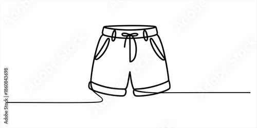 Simple line drawing of shorts with a drawstring waist and pockets Vector, illustration