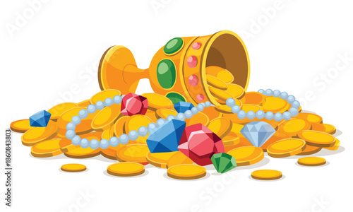 Treasures with golden cup luxurious crockery jewelry pearl necklace gold coins colorful crystals gnoluboy green and pink diamonds vector illustration