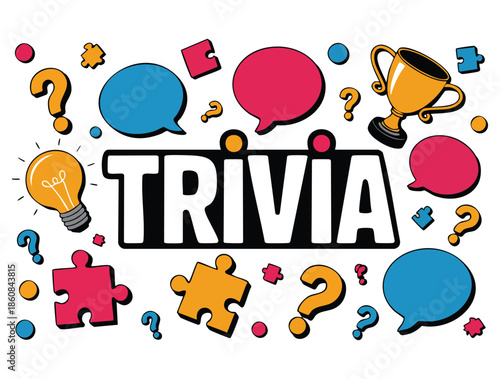 Trivia themed vector with speech bubbles puzzles question marks lightbulb and award icons perfect for social media quiz nights brain games and fun fact illustrations