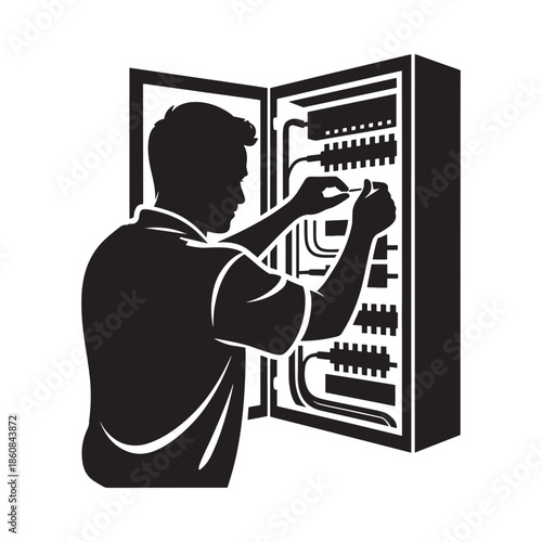 An electrician working with electrical panel components in a black and white illustration