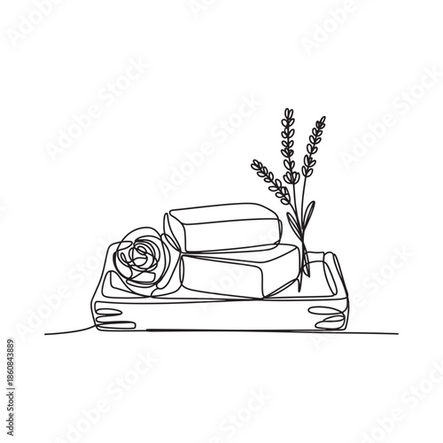 Minimalist line art of soap bars a rose and lavender on a tray