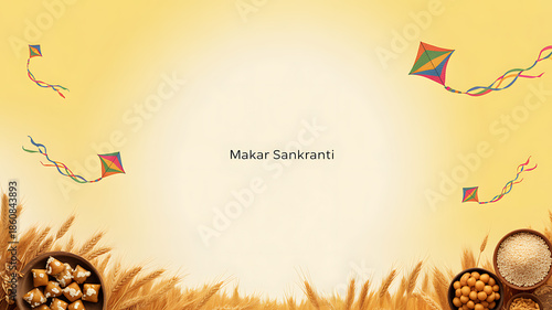 Makar Sankranti celebration with kites, wheat stalks, and traditional sweets on a golden background