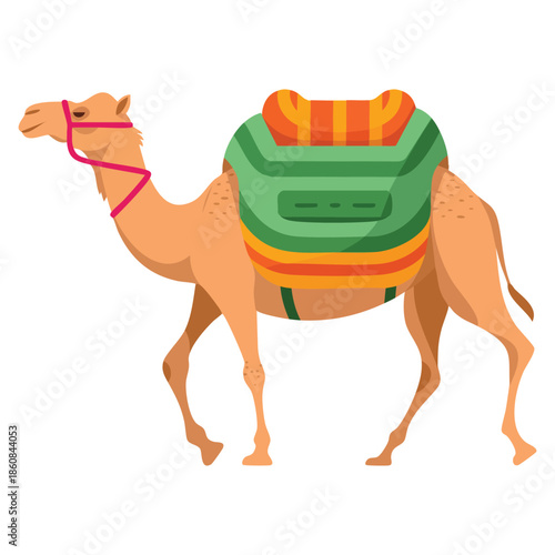 Two humped camel vector illustration with bridle saddle and load side view ideal for desert animal transport travel adventure and creative wildlife themed artwork