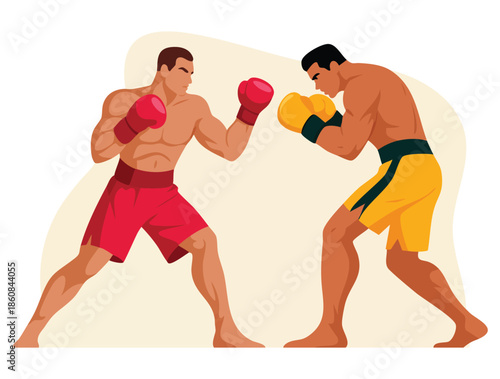 Two strong professional boxers in shorts and gloves fighting on ring cartoon vector illustration perfect for sports design competition or action themed artwork
