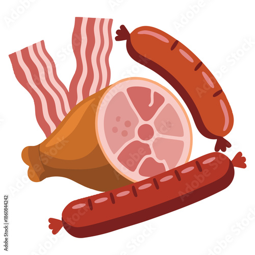 Unhealthy food for brain vector illustration featuring processed meat products sausages and ham perfect for nutrition awareness or food concept designs
