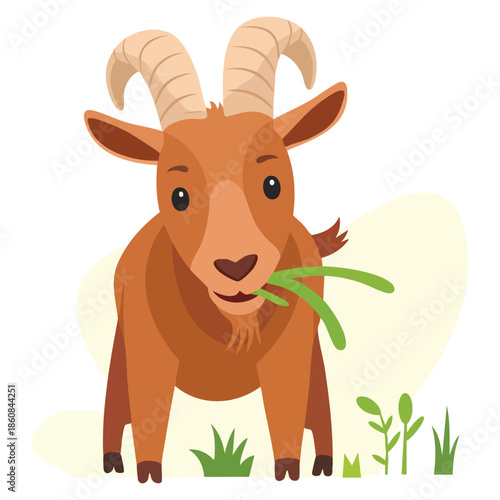 Urial character wild mountain sheep with horns chewing grass vector illustration perfect for wildlife, nature, farm, and animal themed creative artwork