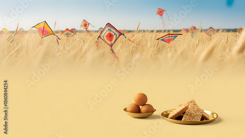 Traditional sweets and snacks displayed on golden plates in a field with flying kites during a festive outdoor setting
