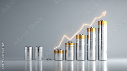 Graphical representation of battery market growth with metallic cylindrical batteries and a lightning bolt indicating rising trend
