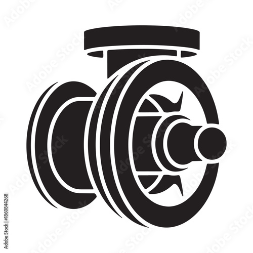 A simple black and white icon depicting a water pump or valve component