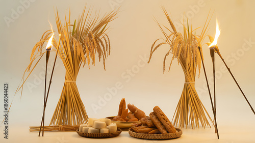 Arrangement of wheat bundles with lit torches and traditional bread on trays