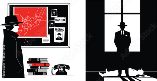 Private Investigator Working with Clues, Map, and Missing Person Board in Monochromatic Graphic Style.