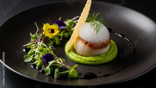 A delicately plated dessert featuring a white mousse dessert garnished with edible flowers and microgreens on a black plate