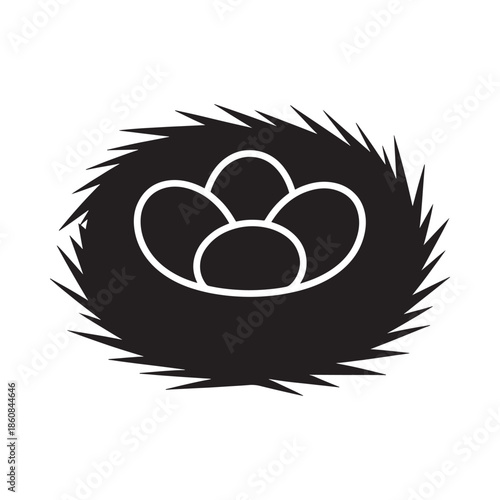 A simple black and white illustration of a bird s nest with eggs inside