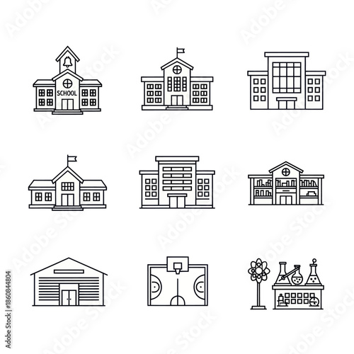 Collection of School and Education Building Line Art Icons.
