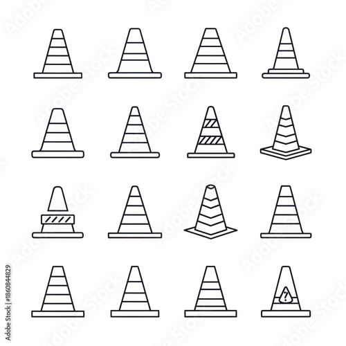 Collection of Traffic Cone Line Art Illustrations for Safety and Construction.
