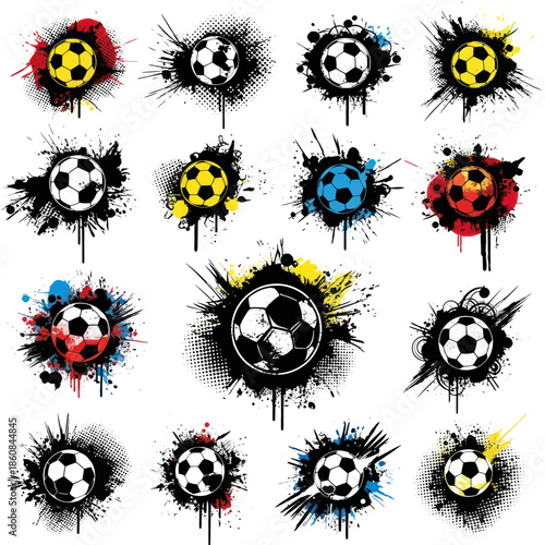 Collection of Soccer Balls with Colorful Splatter Effects and Grunge Textures.