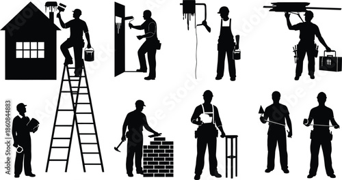 Professional construction and handyman worker silhouettes performing painting, building, drilling, masonry, and repair tasks in detailed black home improvement vector illustration