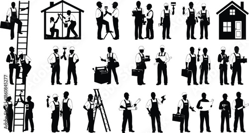 Professional handyman and construction worker silhouettes performing home repair, maintenance, building tasks, teamwork, and tool operations in detailed black vector style