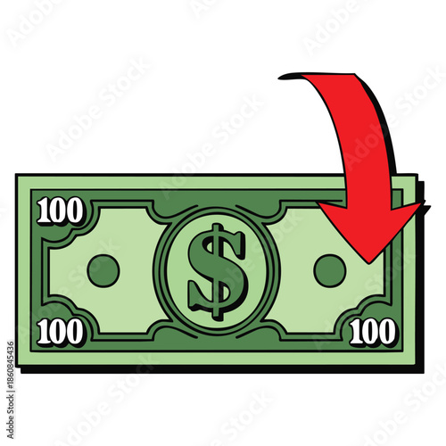 Vector illustration dollar deflation symbol doodle of hundred dollar paper bill red arrow pointing down isolated for financial and economic concept visuals