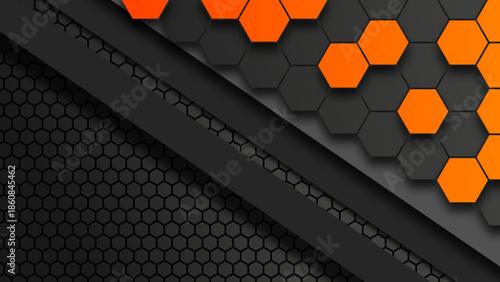 Abstract geometric background with orange and black hexagonal patterns and sleek lines
