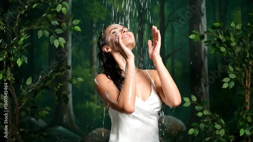 A woman in a white dress stands with arms outstretched under a cascade of water