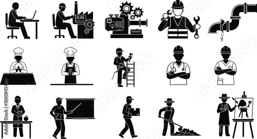 Professional occupation silhouette icons featuring office workers, chefs, engineers, teachers, delivery staff, farmers, painters, and plumbers in clean vector style