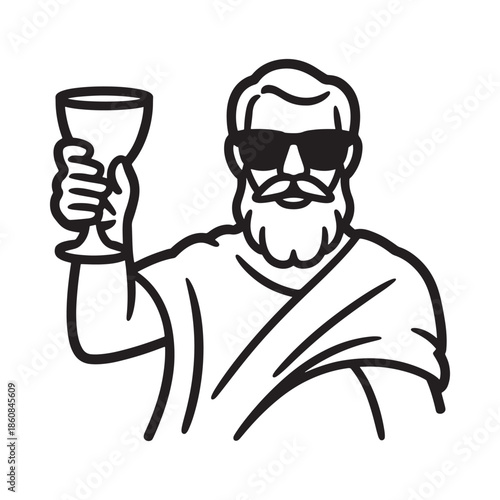 A bearded man in sunglasses toasting with a goblet black and white illustration