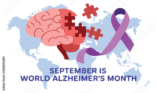 Vector illustration for World Alzheimer's Month in September featuring purple ribbon human brain puzzle and person with disease perfect for awareness design